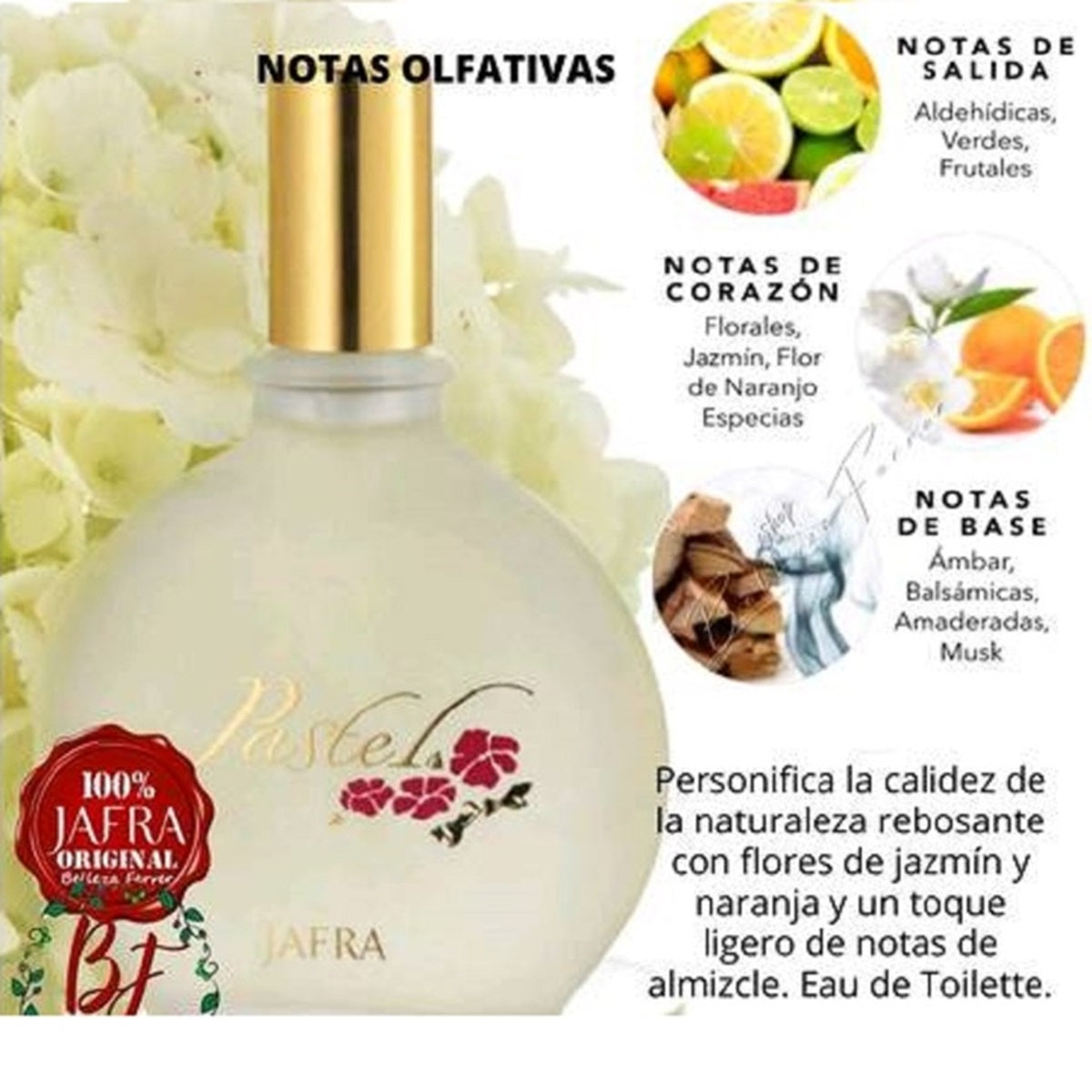 pastel fragancia femenina jafra Perfume bottle with floral design and Jafra branding, featuring notes of jasmine, orange, and musk.