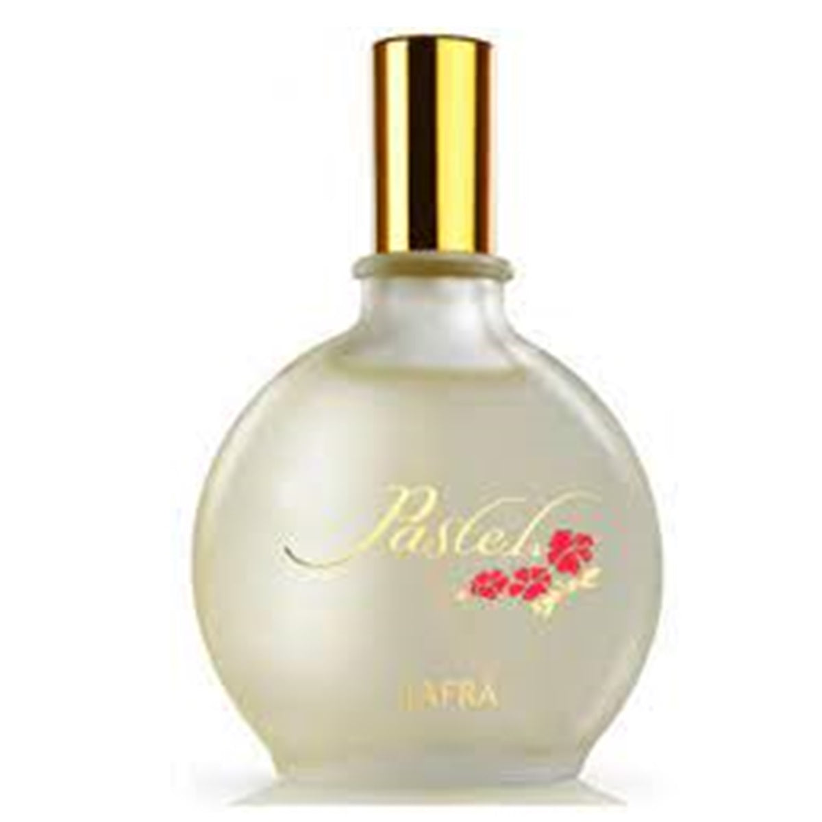 Perfume bottle with gold cap and floral design on a white background