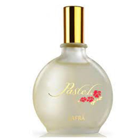 Perfume bottle with gold cap and floral design on a white background