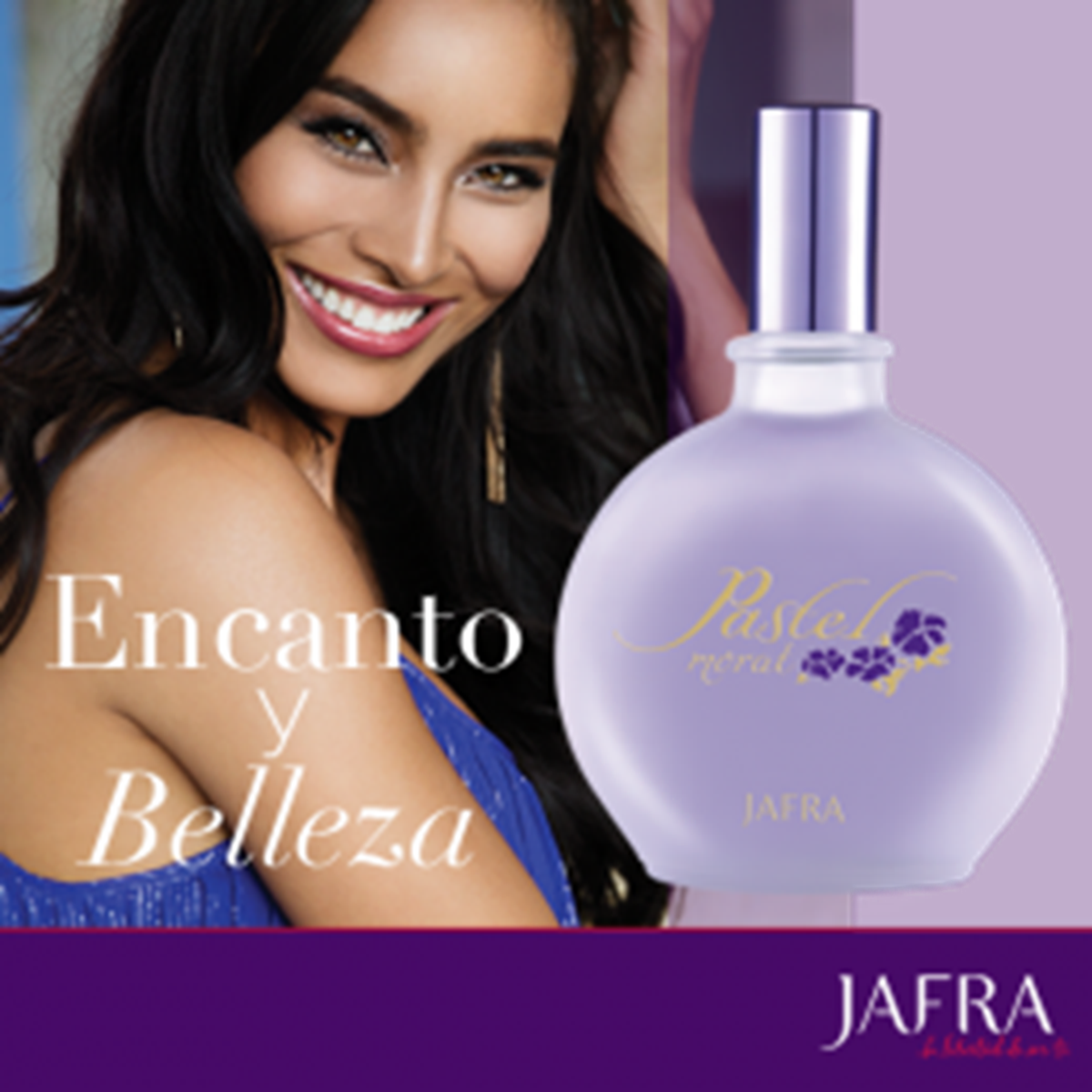 Woman with a purple JAFRA perfume bottle on a white background