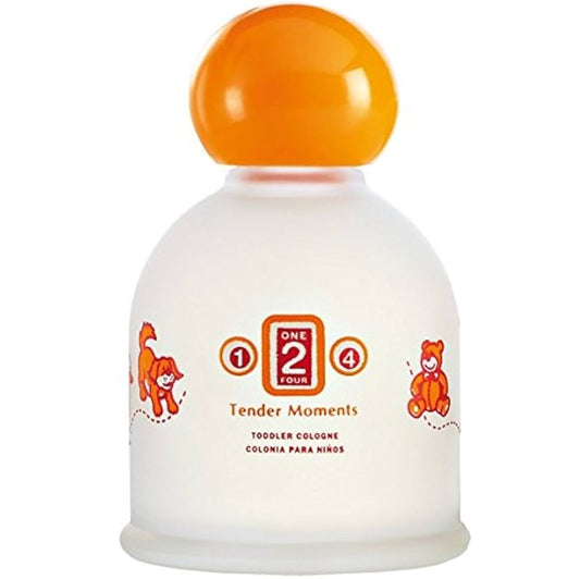 White cologne bottle with orange cap and 'One 2 Four' branding on a white background