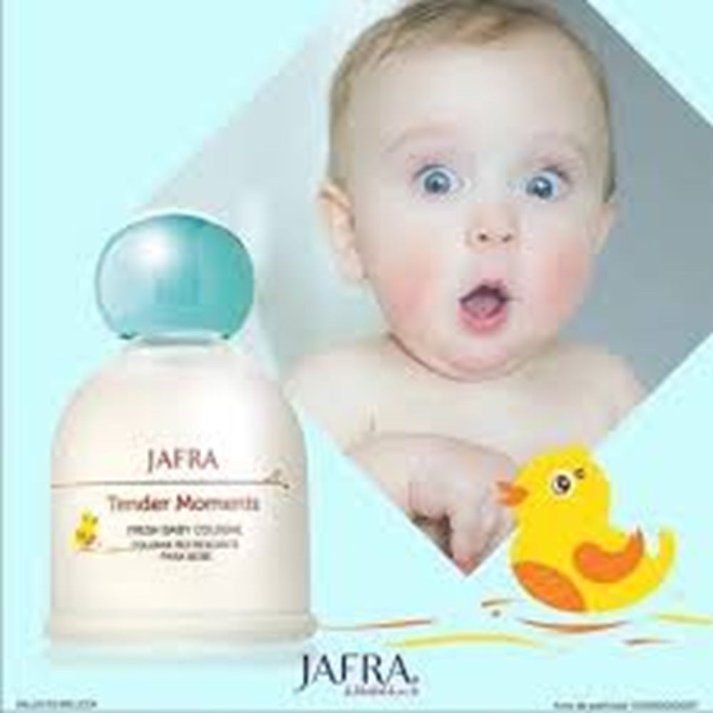 Baby bath product with JAFRA branding and a duck toy on a light blue background