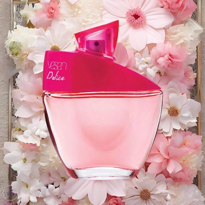 vesen_delice Pink perfume bottle with a red cap on a floral background