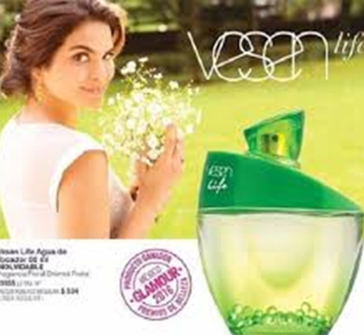 Woman holding a green bottle with 'Vesen' branding against a blurred natural background