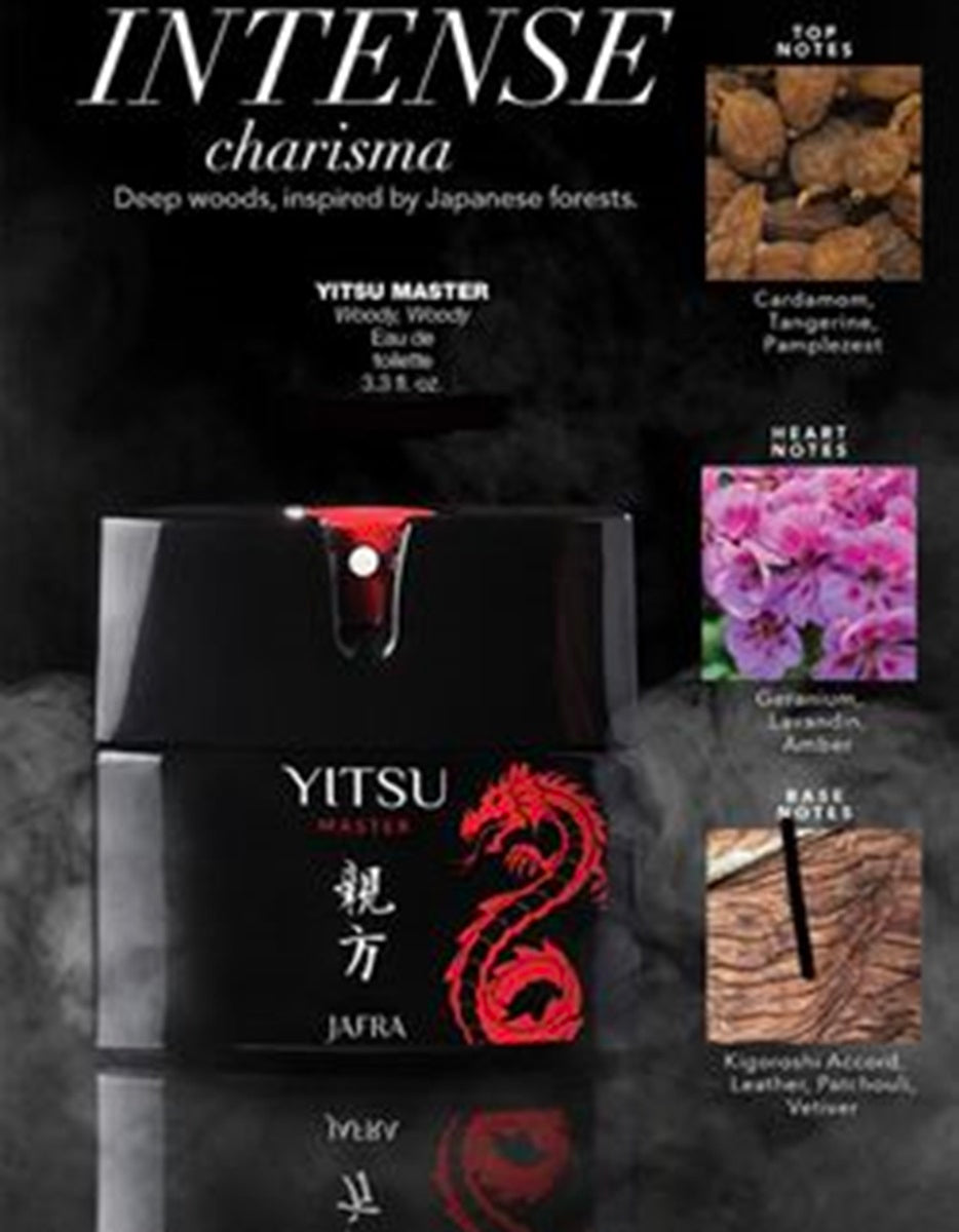 Yitsu Master Jafra perfume bottle with product details on a dark background