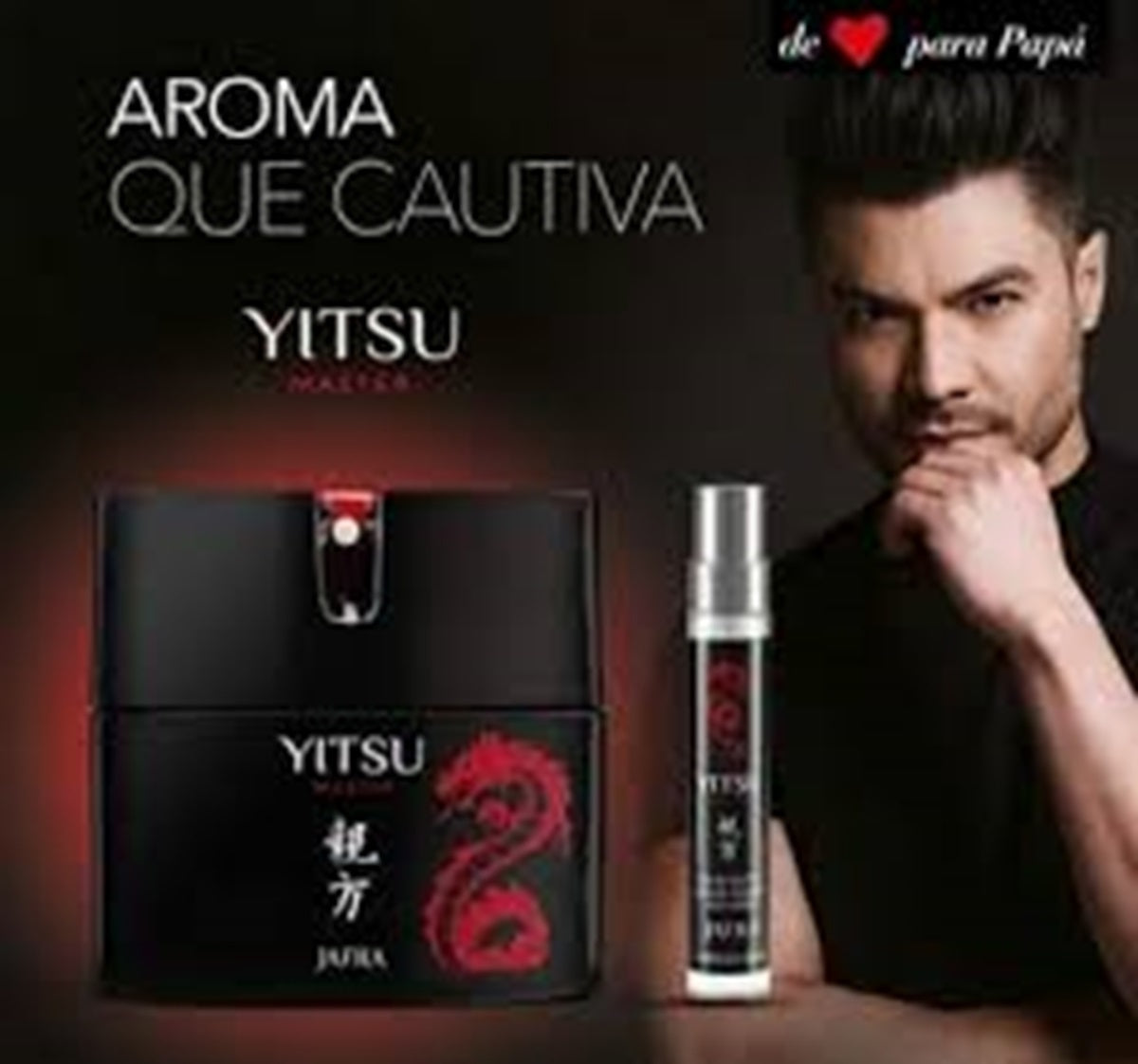 Yitsu Master perfume packaging with a man in the background